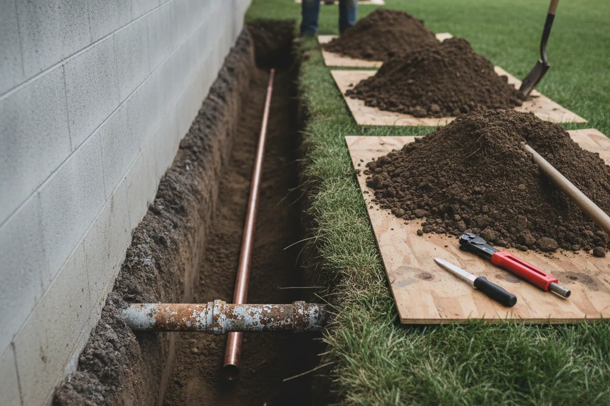 Excavated water line trench during Water Softener Installation in Des Moines
